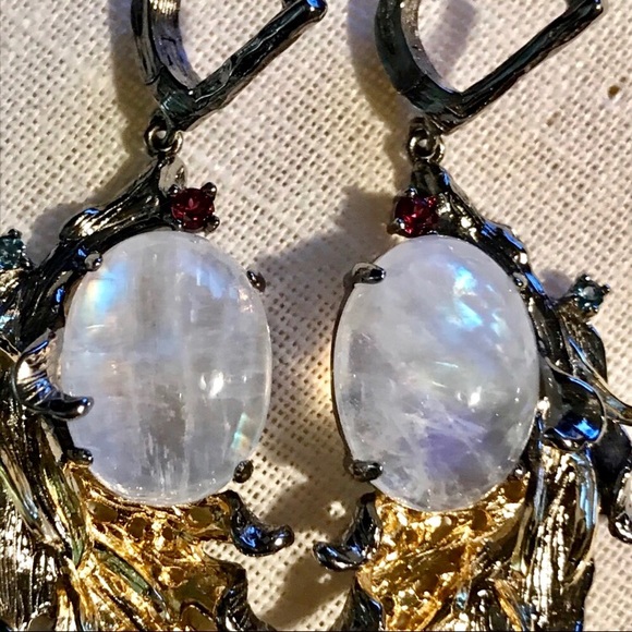 HANDCRAFTED OVAL MOONSTONE➕RHODOLITE EARRINGS - Picture 2 of 12
